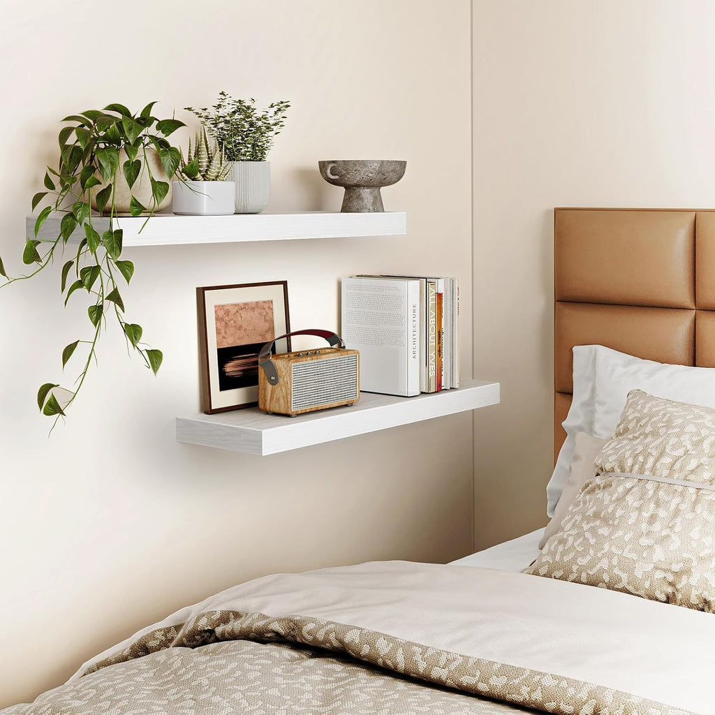 Floating Wall Shelves for Decor (White, Set of 2, 22Inch) | MDF Shelf with Metal Brackets, Space Saving for Books