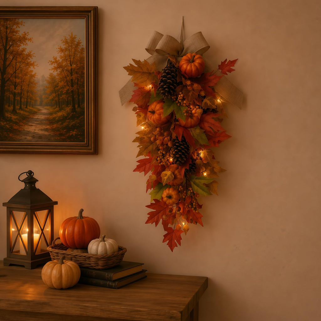 30" Pre-lit Fall Teardrop Swag, Pumpkin Maple Leaf 35 Fairy Light