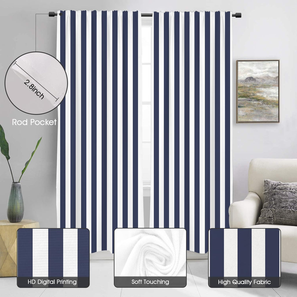 Navy Blue White Striped Curtains 84 Inch Length, 2 Panel Vertical Stripe Farmhouse Drapes, Modern Room Darkening