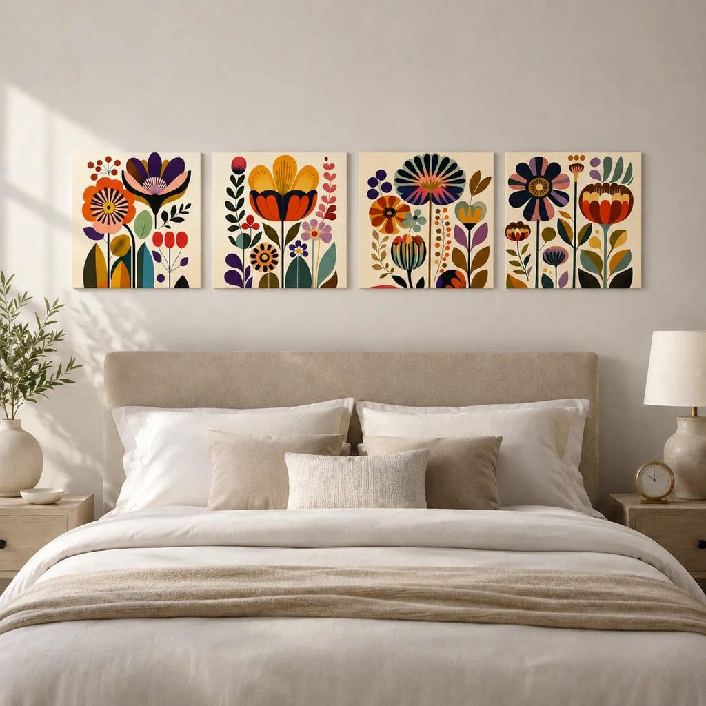 Mid Century Modern Floral Wall Art Set of 4, 12 x 12 Inch