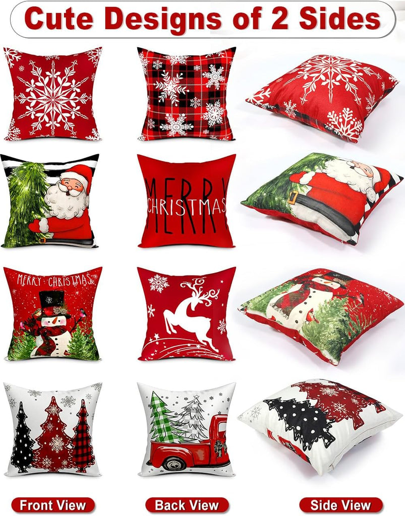Double-Sided Print Christmas Pillow Covers 16''x16'', 8 Christmas Patterns Christmas Tree, Snowman - Set of 4