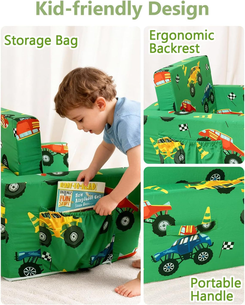 Toddler Couch, in-1 Foldable Kids Comfy Chair & Lounger, Monster Truck