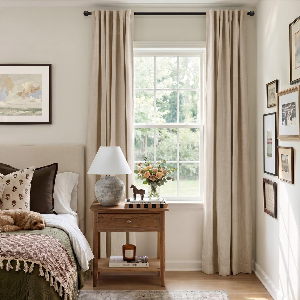 100% Blackout Curtains Oatmeal Linen Look Curtains 84 Inch Long