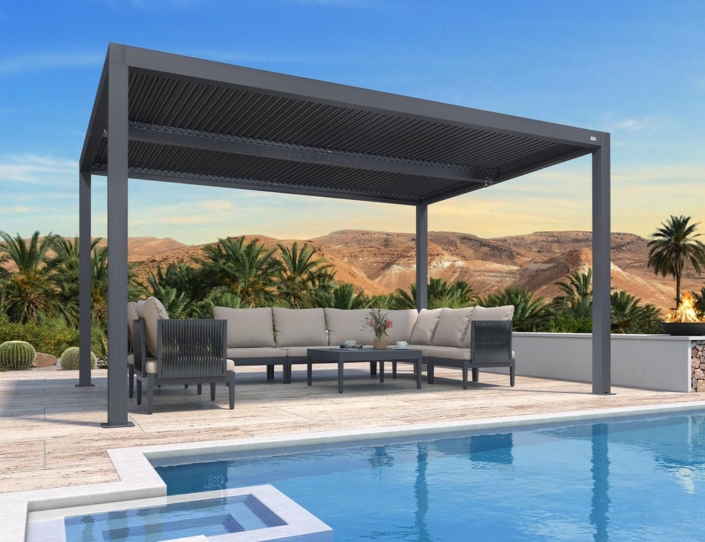 Louvered Pergola 94AS 10' x 14' Outdoor Aluminum Pergola with Adjustable Roof for Deck Backyard Garden Grey Hardtop