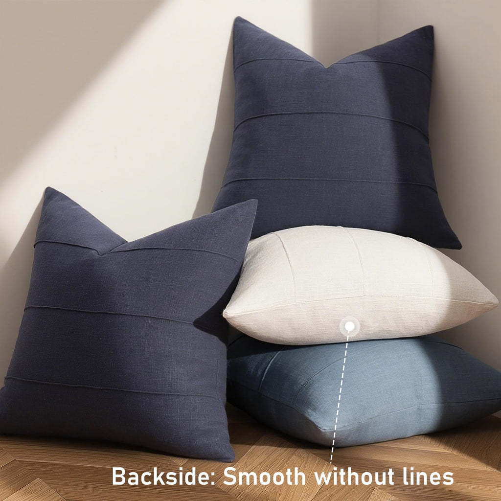 Decorative Linen Throw Pillow Covers 24x24 Set of 2 Solid Handcrafted Striped Cushion Covers for Bed Soft Modern