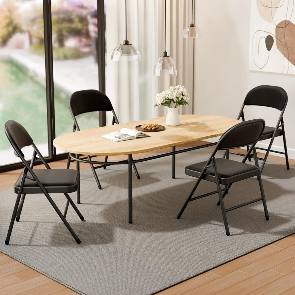 6 Pack Black Folding Chairs with Padded Cushion and Metal Frame, 350lbs