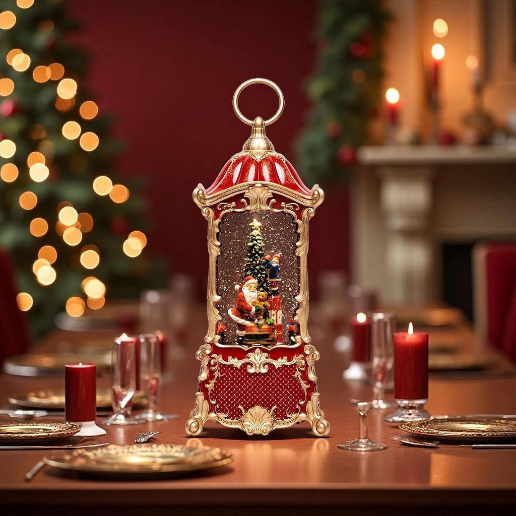 14" Christmas Snow Globe Lantern with Santa Claus - Swirling Glitter LED Light Musical Water Lantern with Rotatable
