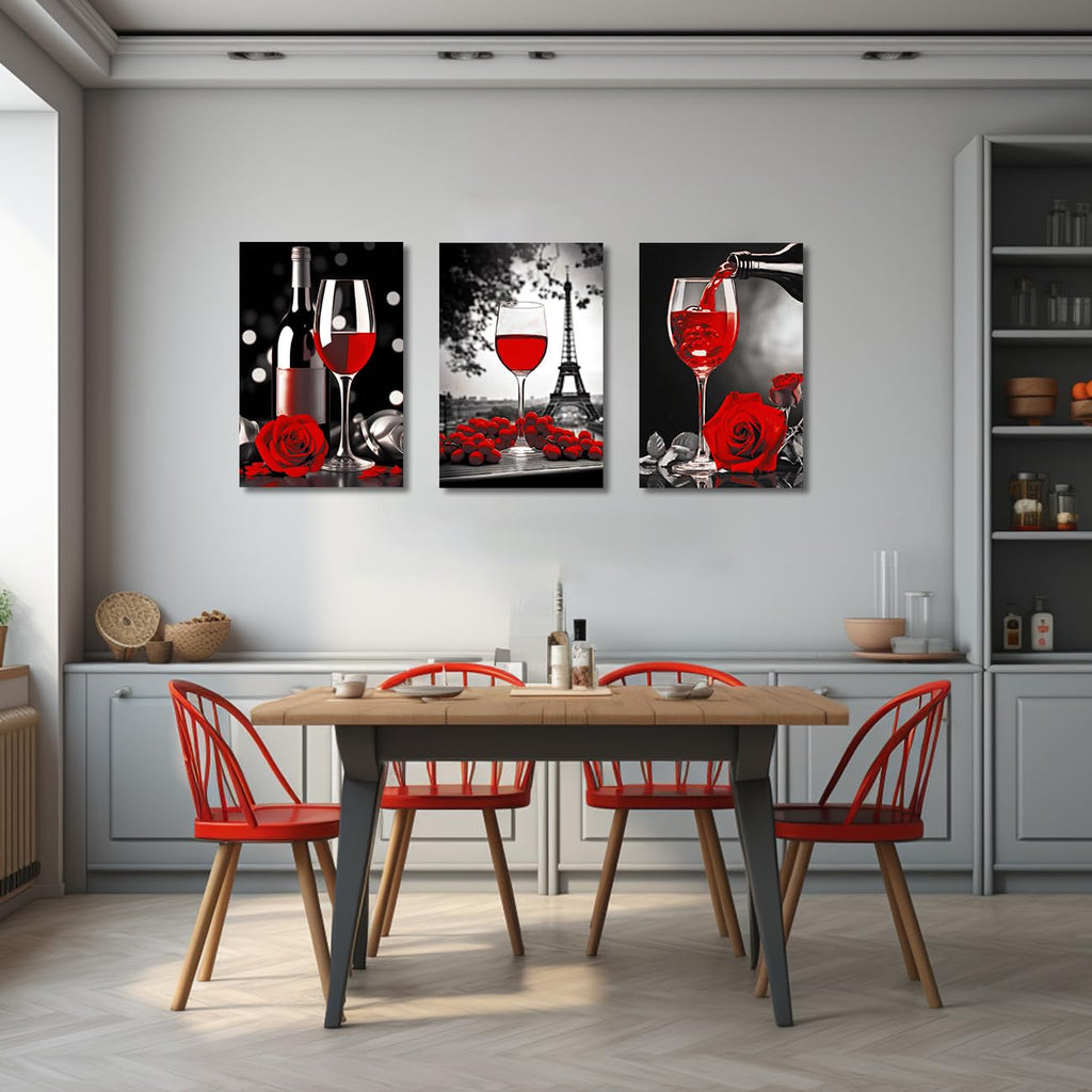 Wine Decor Kitchen Canvas Prints 3 Panel Black White and Red Wine with Rose Wall Eiffel Tower Painting Restaurant