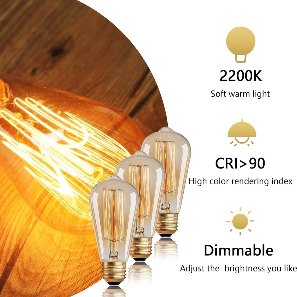 ST64 Incandescent Edison Bulb 40W E26 2200K Dimmable Amber Glass 2-Pack