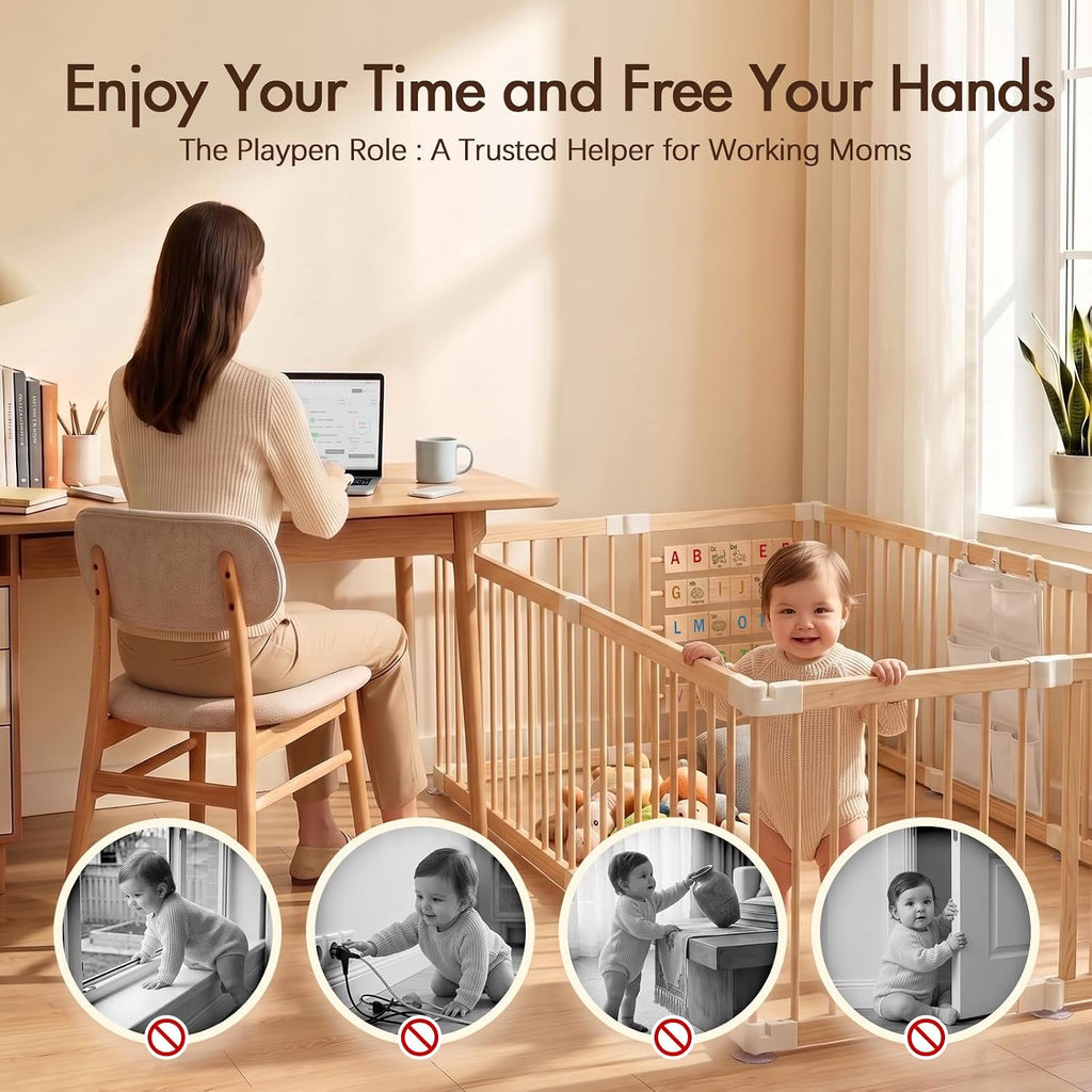 Adjustable 10-Panel Wooden Baby Playpen, 82x55x24 in | Natural Wood Play Pen, Foldable Design with Child Safety Lock