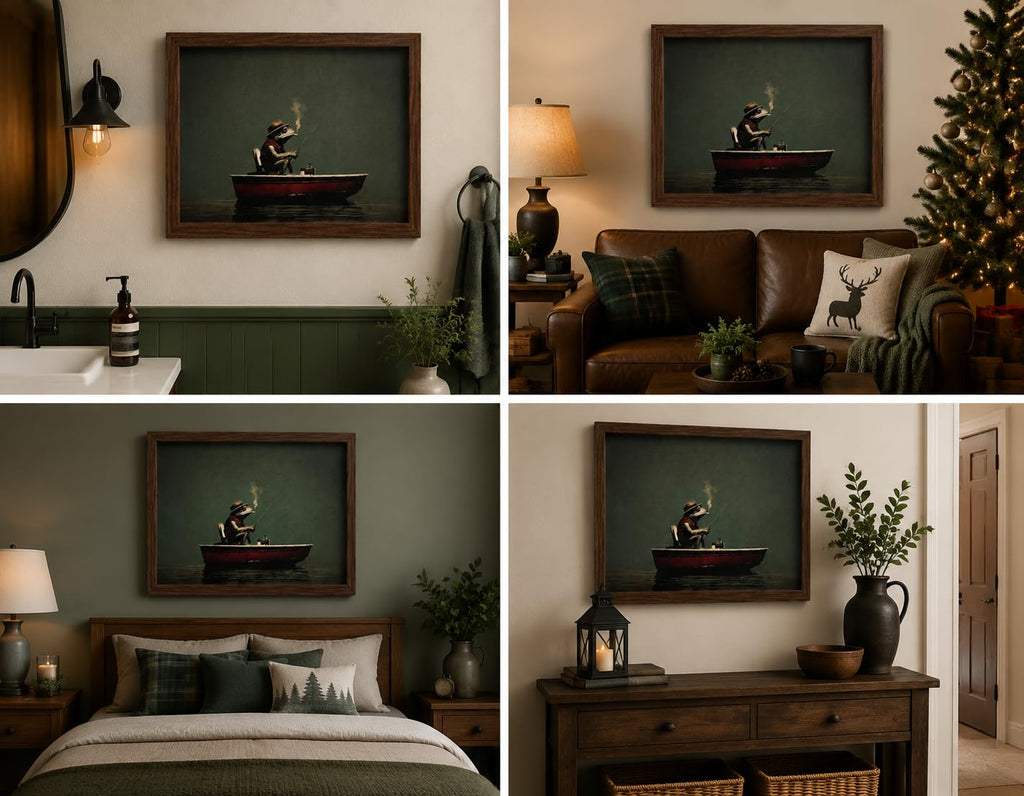 Framed Frog Fishing Wall Art Vintage Rustic Lake House Picture