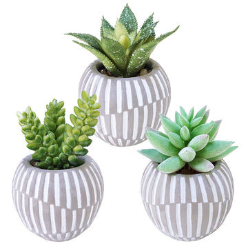 Set of 3 Artificial Succulents Plants in Mini Gray and White Geometric Cement Pots Faux Potted Plants Aloe
