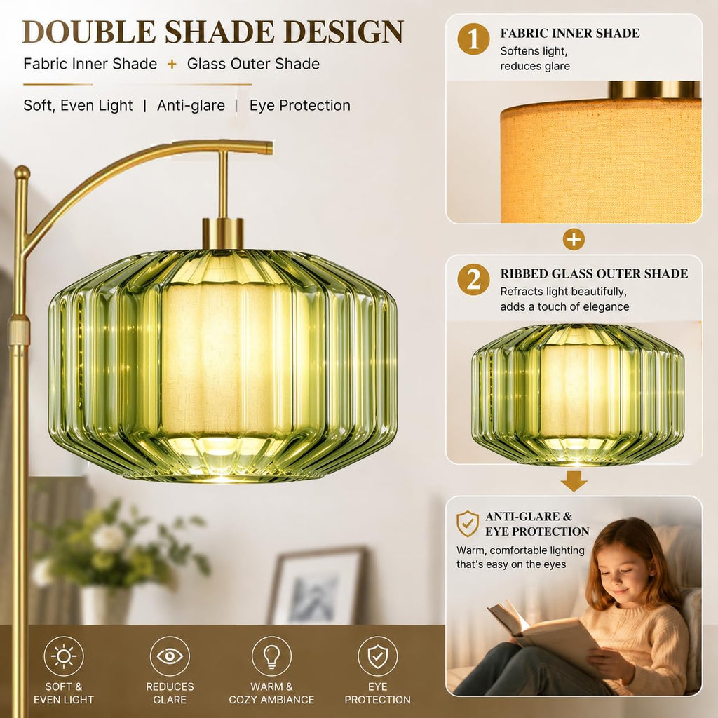 Arc Floor Lamp, Gold Vintage Remote Dimmable Standing Lamps With Green Drum Glass&Fabric Shade, LED Tall Floor Light