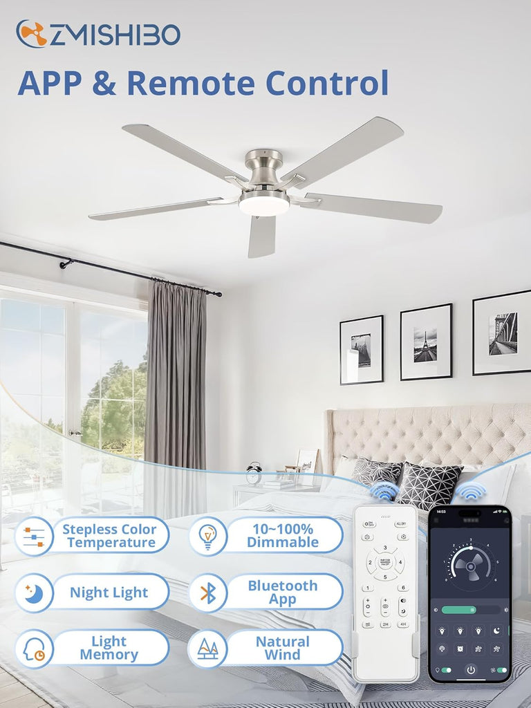 60 Inch Ceiling Fan with Light, App&Remote Control, Flush Mount Low Profile, Dimmable 20W LED Light, Quiet Reversible Motor for Bedroom, Living Room, Apartment, Nickel A101-B0F8B7DBTJ