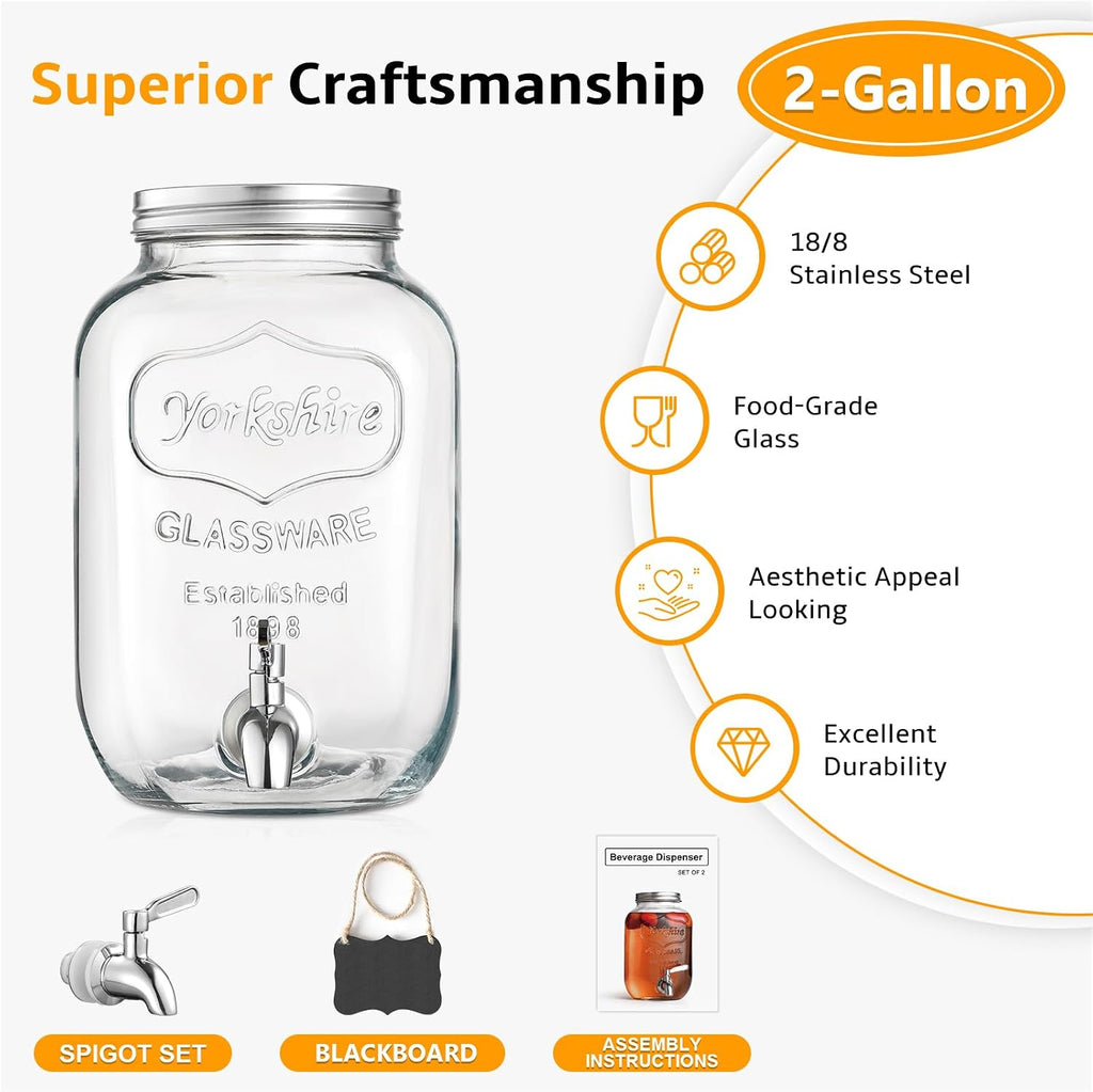2 Gallon Glass Beverage Dispenser, 18/8 Stainless Steel Spigot and Lid - Glass Drink Dispensers for Parties - Mason