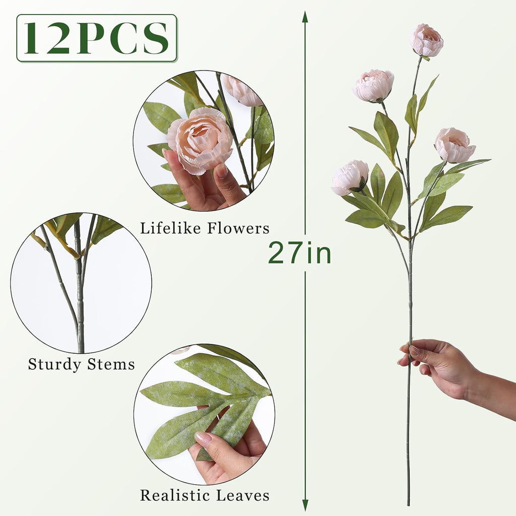 12 Pcs 27" Faux Silk Peony Artificial Flowers Stems for Vase(Beige) | Bulk Fake Peonies Branches with Stems, for DIY