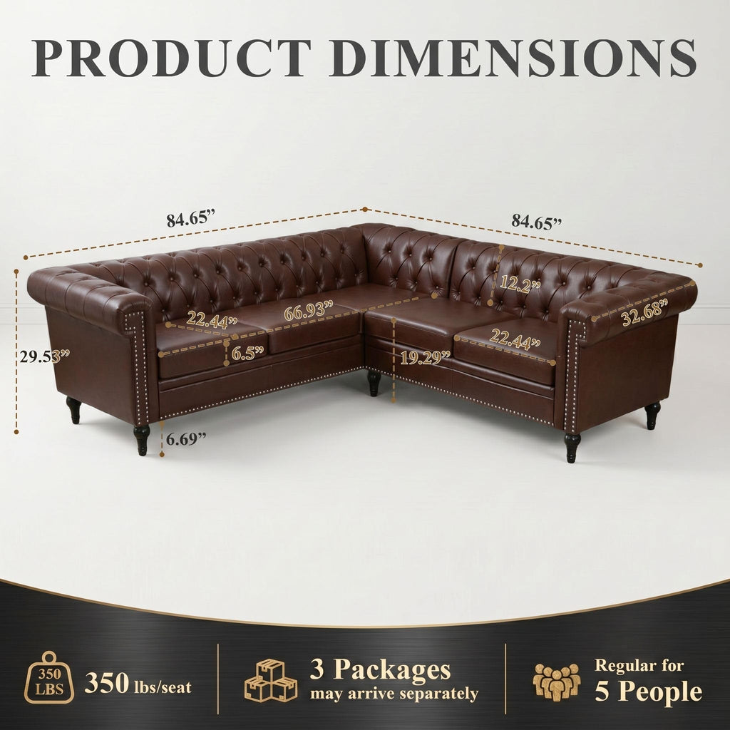 84" Chesterfield Sectional Sofa with 3 Pillows, Tufted 5 Seat Faux Leather Couch, Modern L Shaped Sectional Couch