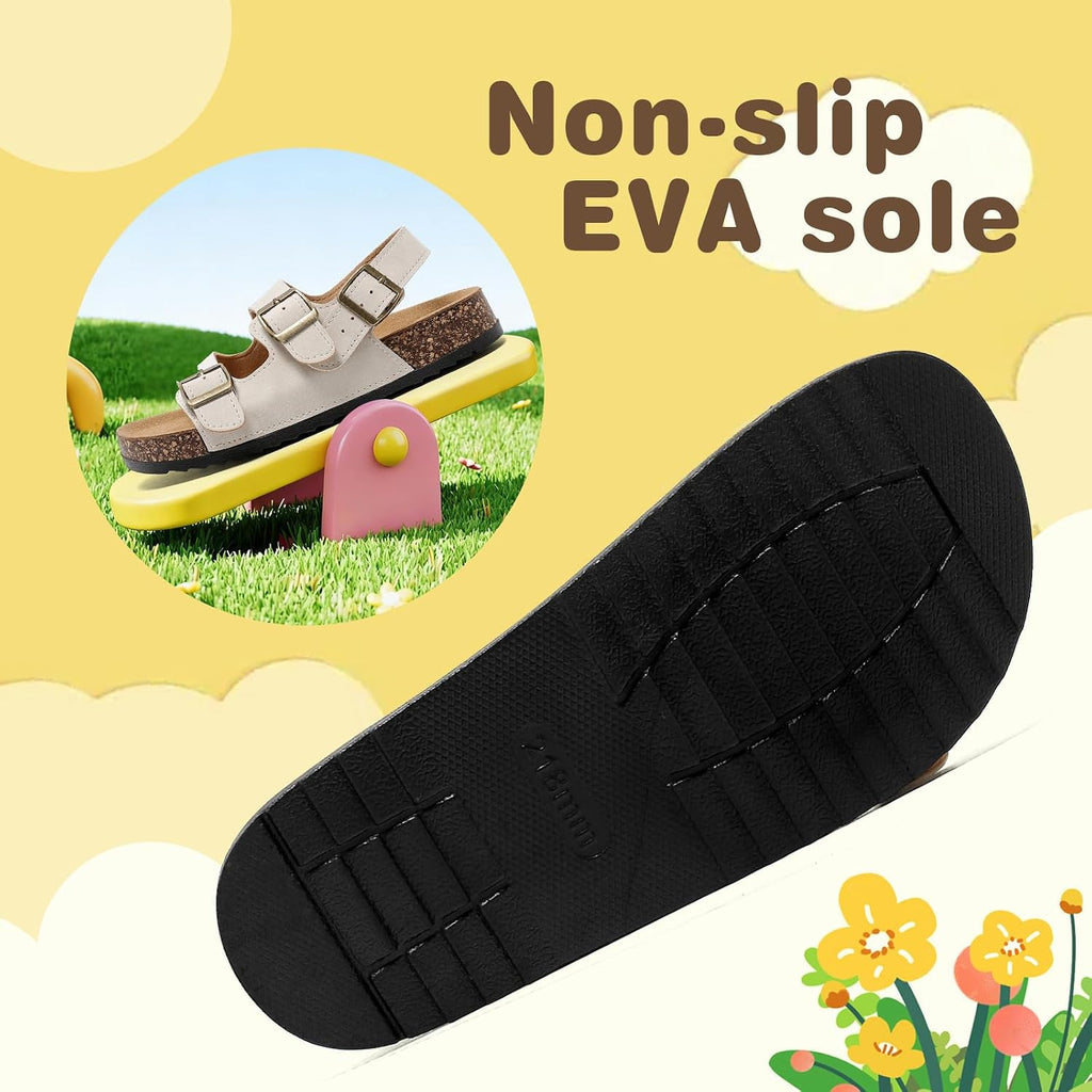 Kids Cork Footbed Sandals - Boys Girls Toddler Adjustable Double Buckle Slides with Back Strap, Lightweight Summer