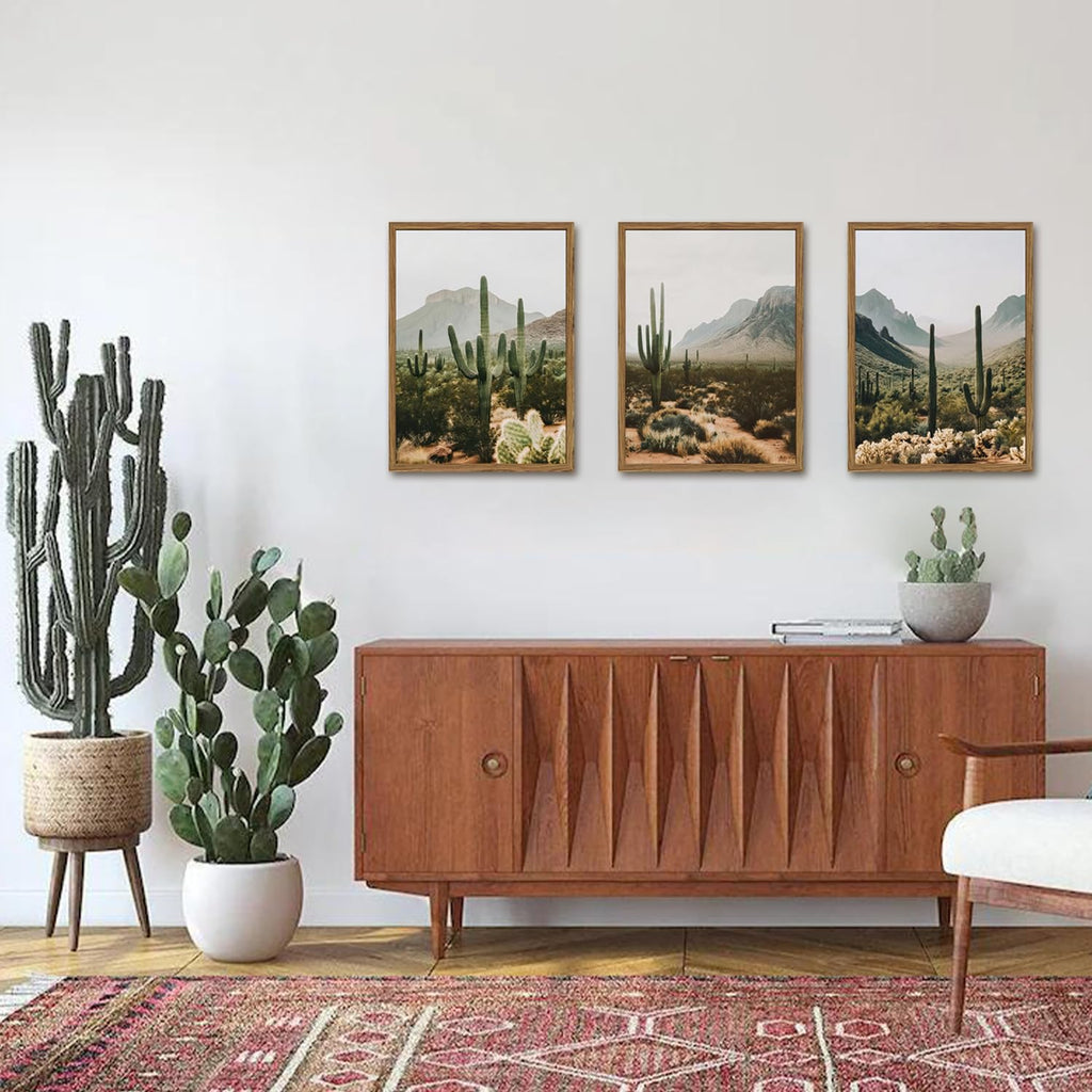 Framed Desert Landscape Wall Art Set of 3, Vintage Southwestern Cactus Wall Decor Paintings, Mexican Mountain