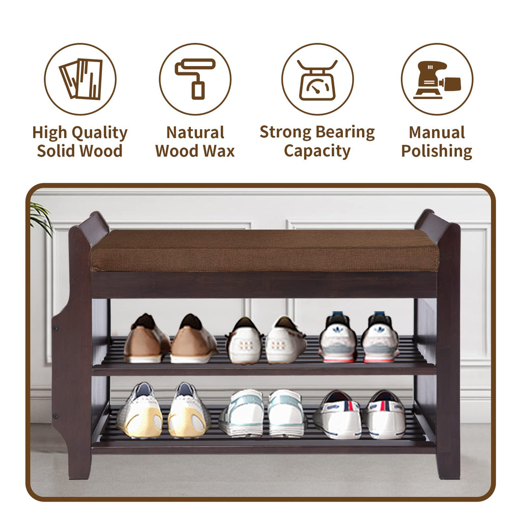Bamboo Shoe Bench Entryway with Storage, Removable Cushion, 2-Tier Shoe Rack, 30.9" x 11.6" x 19.5"