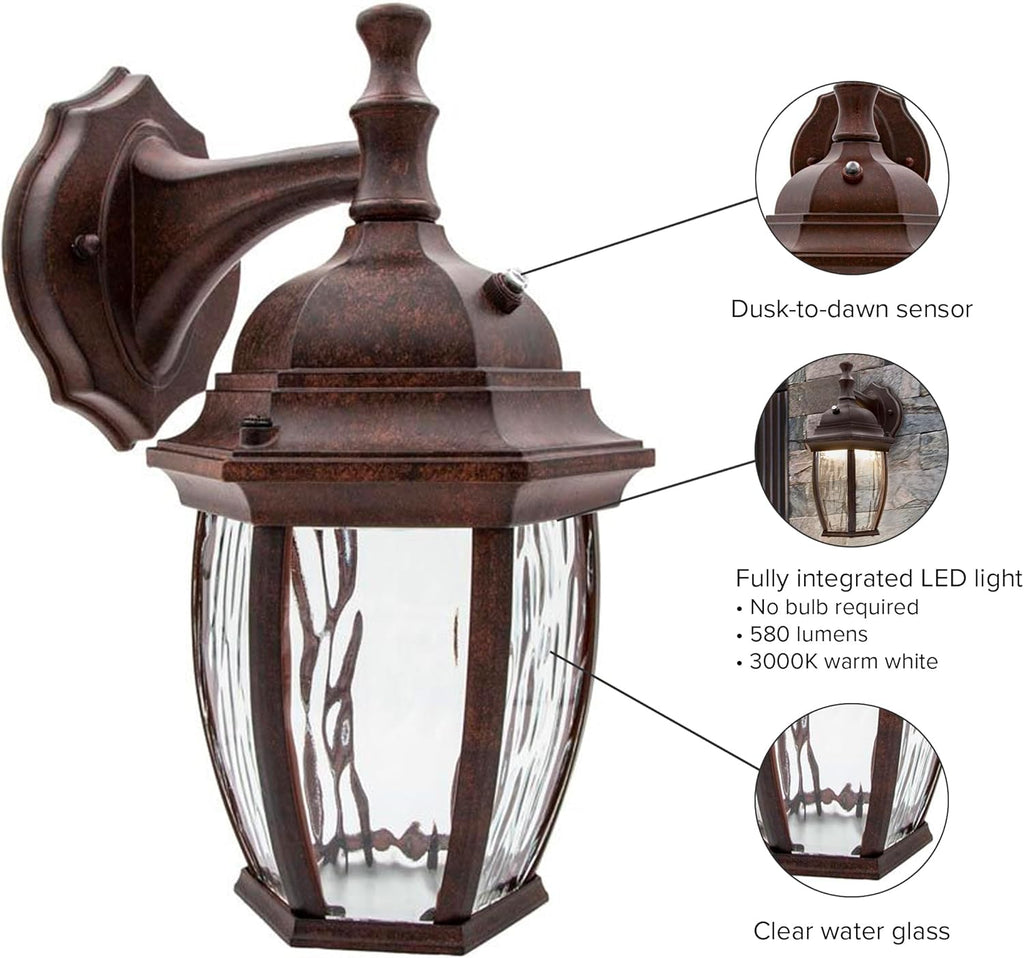 LED Outdoor Wall Light - Features Clear Water Glass, 3000K Warm White, 580 Lumens, Dusk to Dawn Photocell Light Sensor