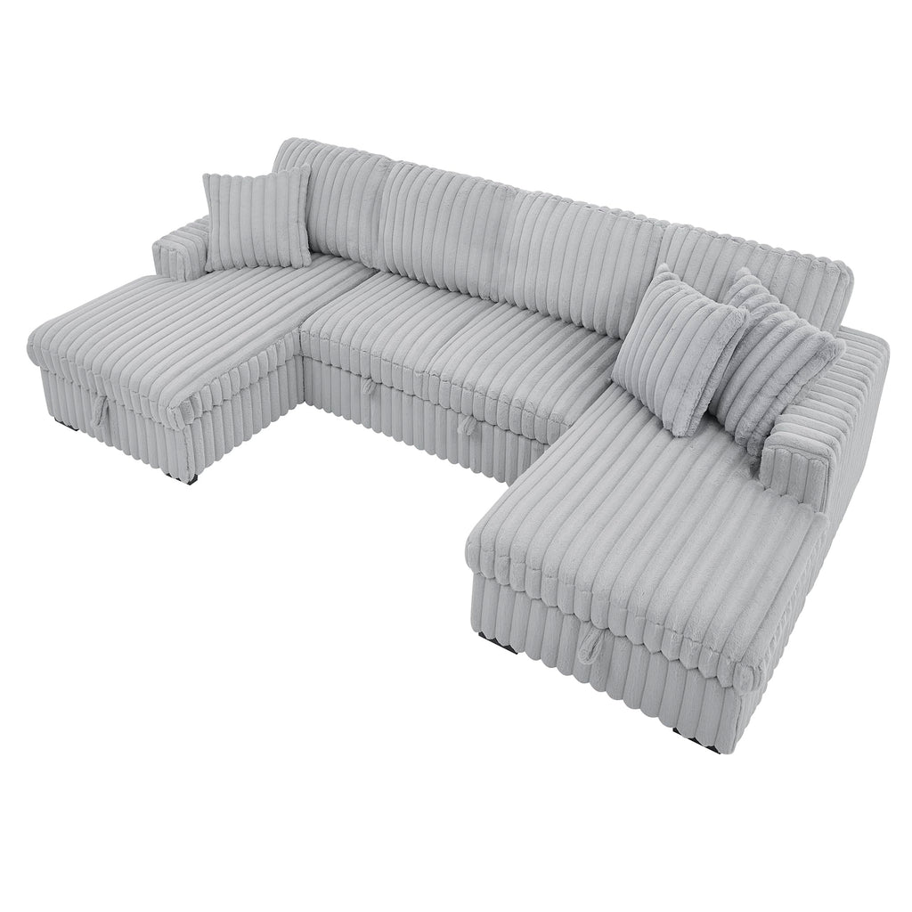 122'' Convertible U-Shaped Faux Rabbit Fur Plush Sectional Sleeper Sofa, Upholstered Cloud Couch Pull-Out Sofa Bed