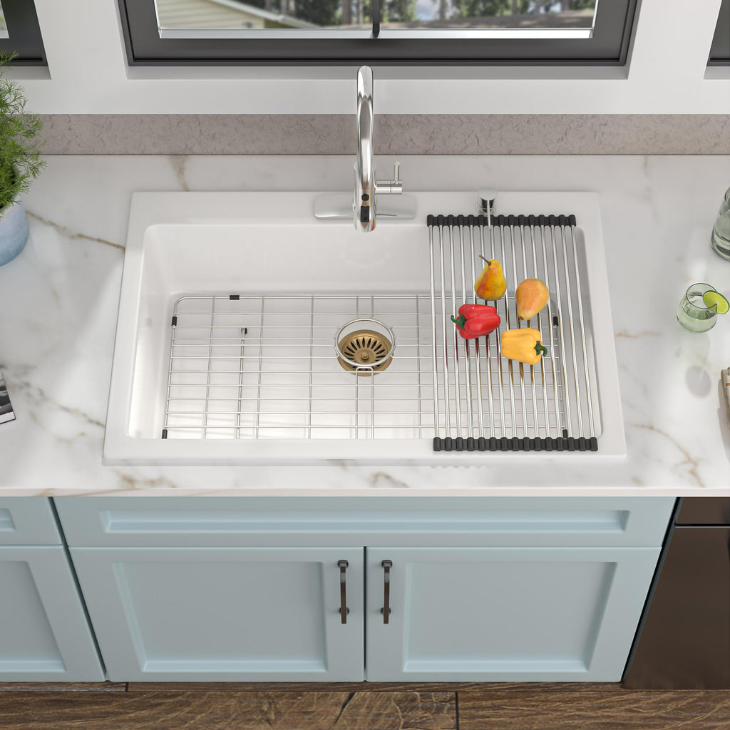 33"×22" Granite Composite - Drop-In Top Mount White Granite Quartz Classic Above Counter Single Bowl Sink Basin