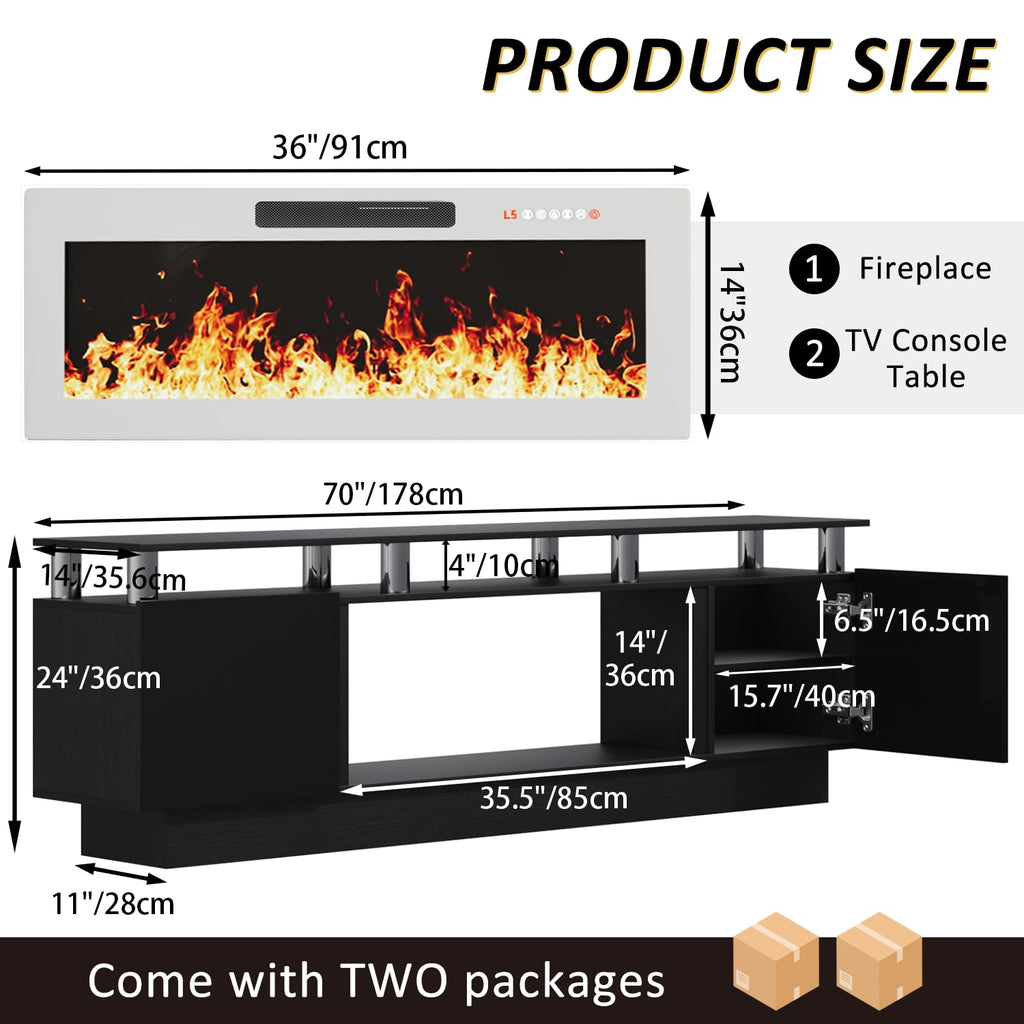 70 Inches for TVs up to 80 Inches TVs with 36'' White Electric Fireplace & Remote, Modern Entertainment Center with