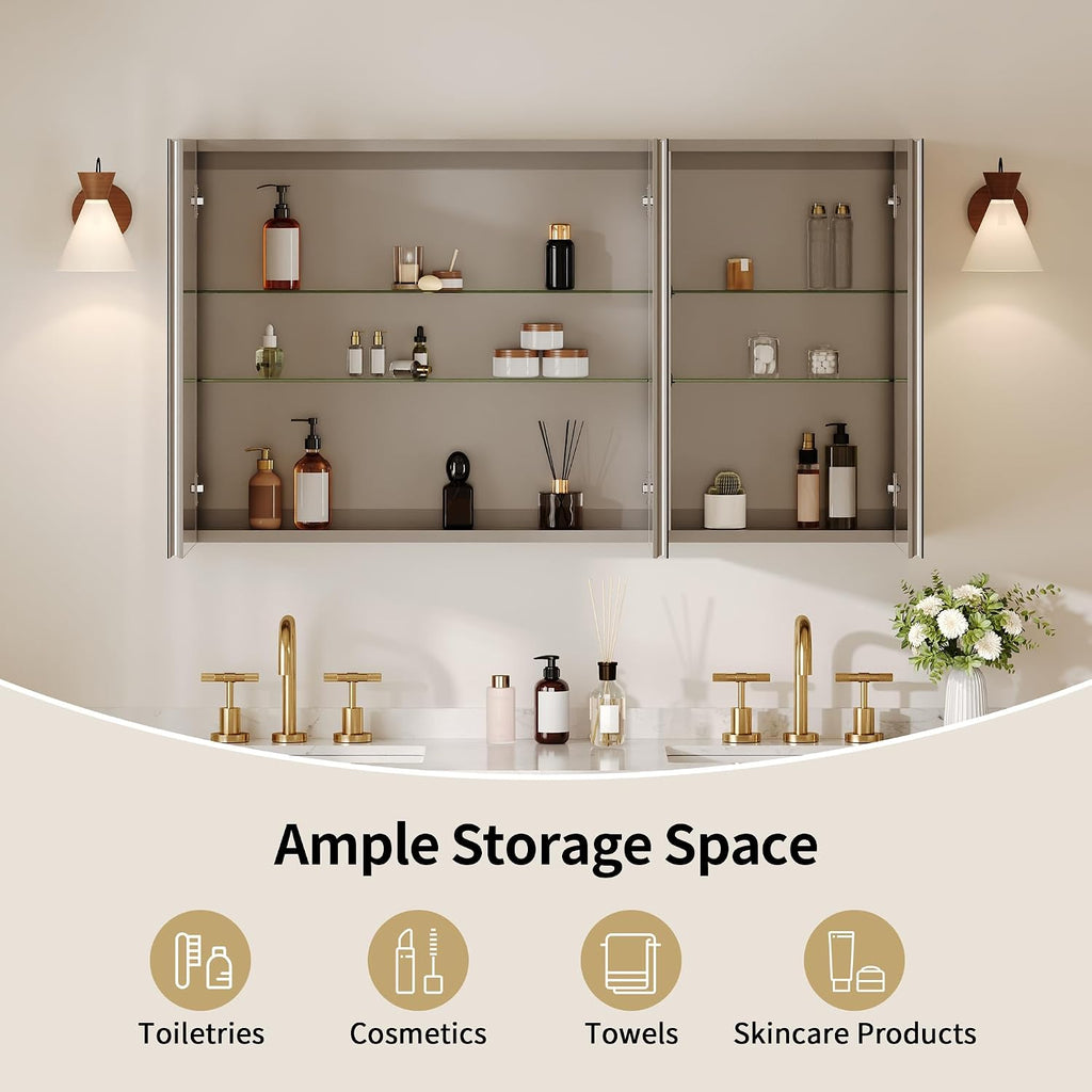 Pre-Assembled Medicine Cabinet with Mirror, 48" W x 26" H | Bathroom Mirror with Storage, 3 Doors Frameless Modern