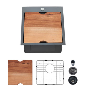 Kitchen Sink, 17 x 19 Inch Drop in Bar Sink Gunmetal Black Stainless Steel Workstation Sink Topmount Kitchen Sink