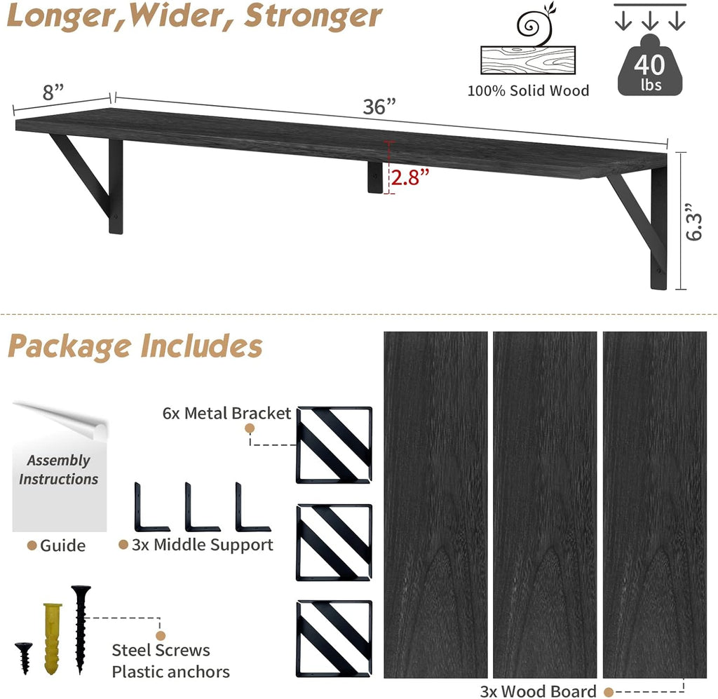 Floating Shelves 36 Inches Long 8 in Deep Set of 3, Large Wall Shelf Books, Heavy Duty Wide Wall Shelving Office