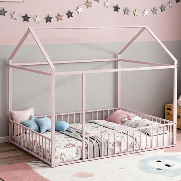 Floor Bed Frame with 13.2" HFull-Length Guardrails & Roof, Metal Montessori Floor Bed with Low
