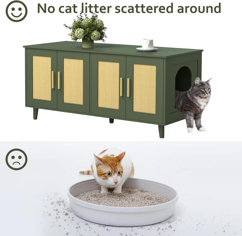 Boho Cat Litter Box Enclosure for 2 Cats, Green and Natural