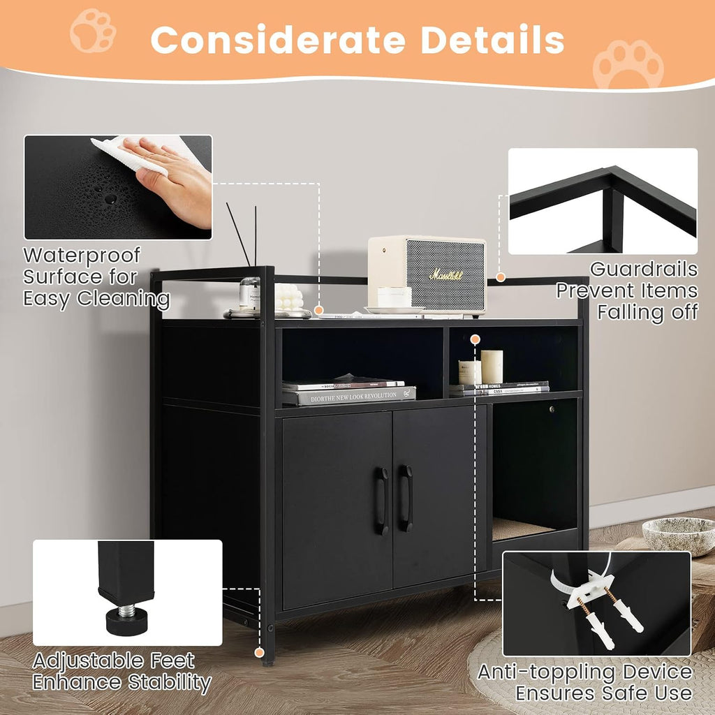 Cat Litter Box Enclosure, Litter Box Cabinet with Cat Scratcher, 2-Door Storage Cabinet, 2 Open Compartments and Air