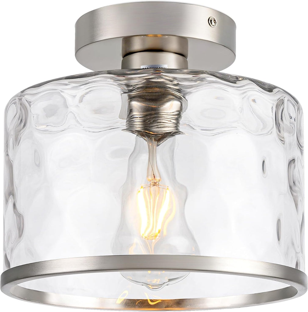Modern Semi Flush Mount Ceiling Light with Industrial Clear Hammered Glass Lampshade, Farmhouse Ceiling Lights