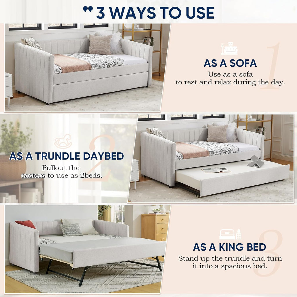 Daybed with Trundle, Modern Linen Full Size Day Bed with Pull Out Trundle Bed, Upholstered Sofa Bed with Stripes