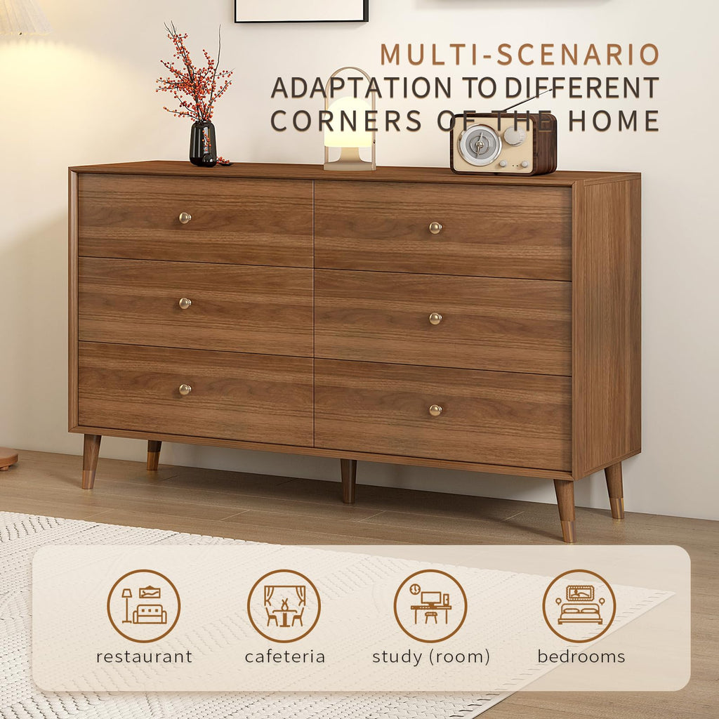 Mid Century Modern 6-Drawer Dresser, 47.2" Solid Wood Frame Chest, Walnut