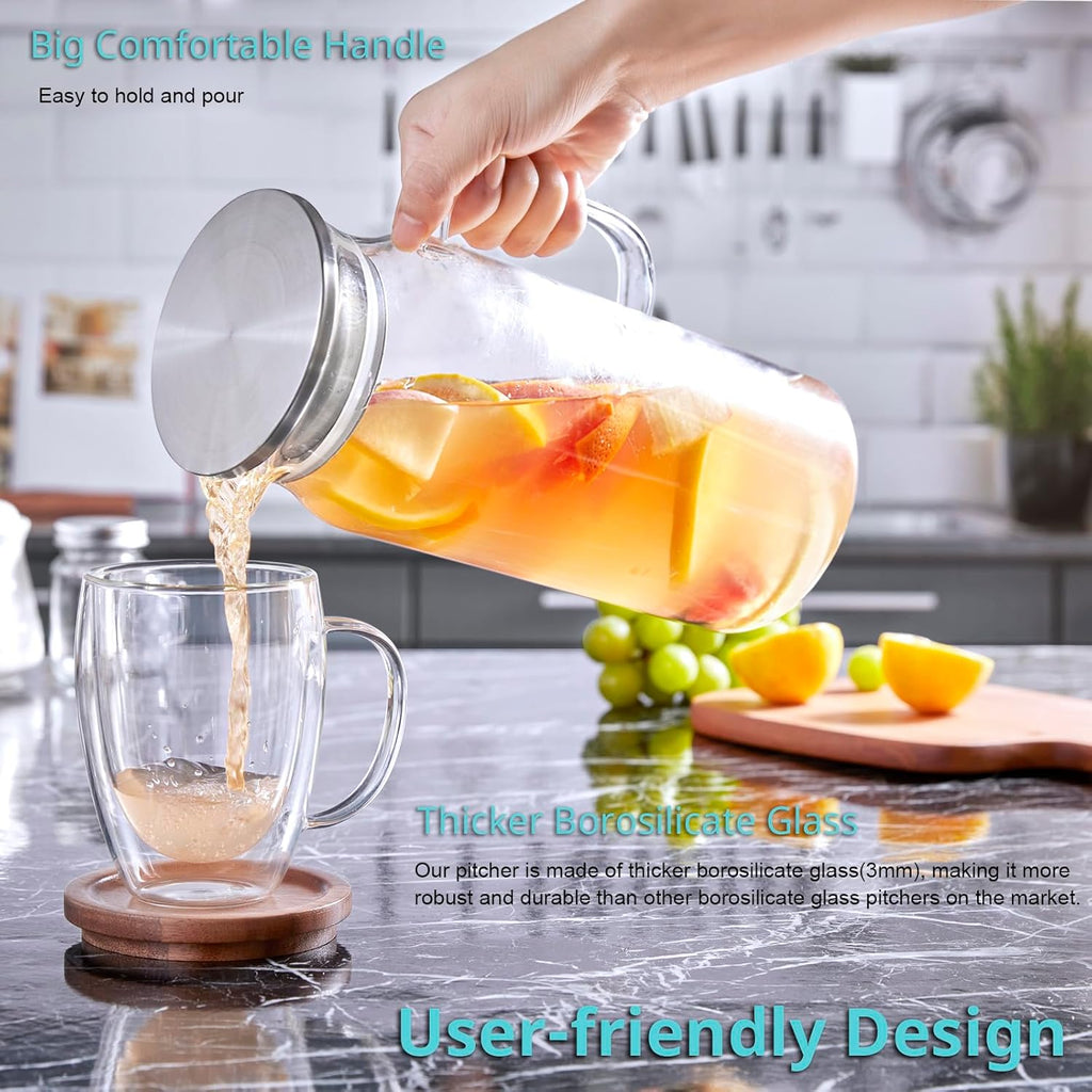 2 Liter 68 oz Glass Pitcher with Lid and Handle, Glass Carafe for Hot/Cold Water, Large Iced Tea Pitcher for Coffee