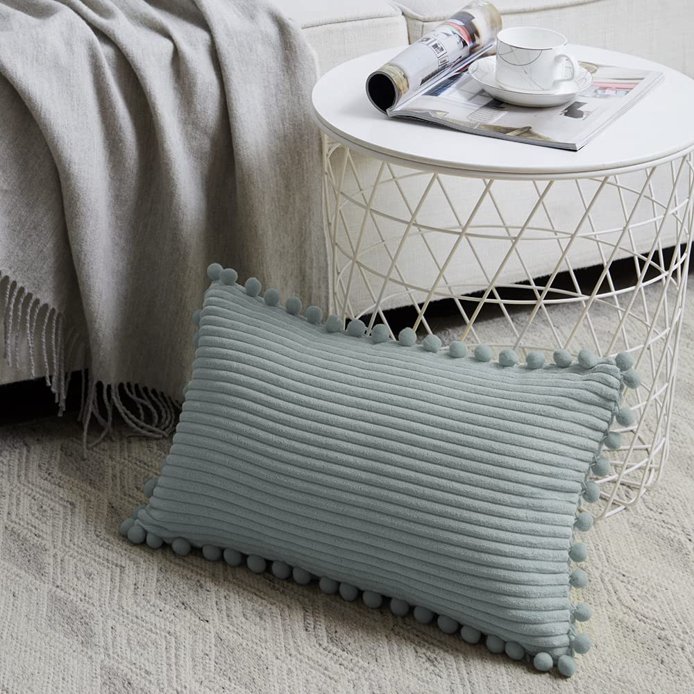 Pack of 2 Farmhouse Lumbar Decorative Throw Pillow Covers with Pom-poms, Soft Corduroy Solid Rectangle Cushion Cases