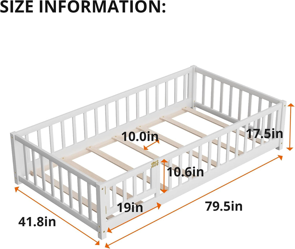Twin Floor Bed for Children, Sturdy Wood Montessori Bed Frame with Wood Slats, Fence & Door, Montessori Floor Bed for