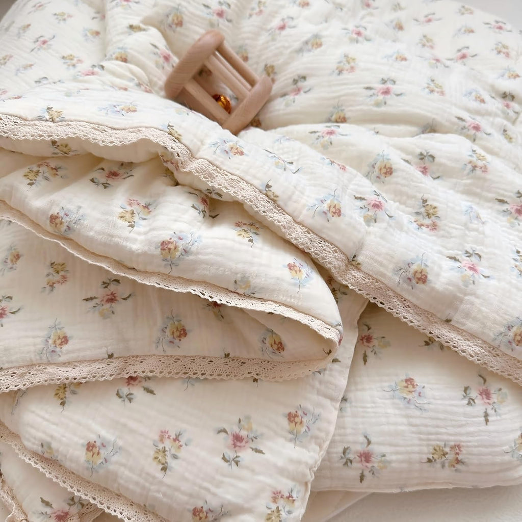 Kids Blanket Cotton Toddler Quilt Muslin Blankets, Reversible Floral Baby Blanket for Girls Boys Crib Comforter Baby