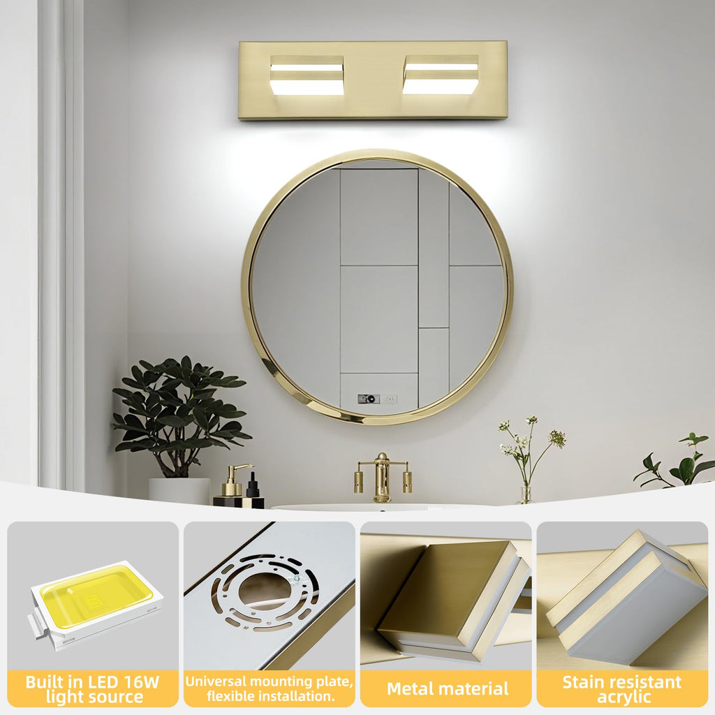 2 Light Bathroom Vanity Light Gold Modern 16W LED Dimmable Vanity Light Over Mirror 350° Adjustable Lamp Head Cold