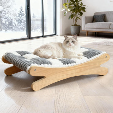 Plush Elevated Cat Bed - Cozy Raised Cat Hammock with Solid Wood Frame, Soft Furry Cushion for Indoor Cats & Small