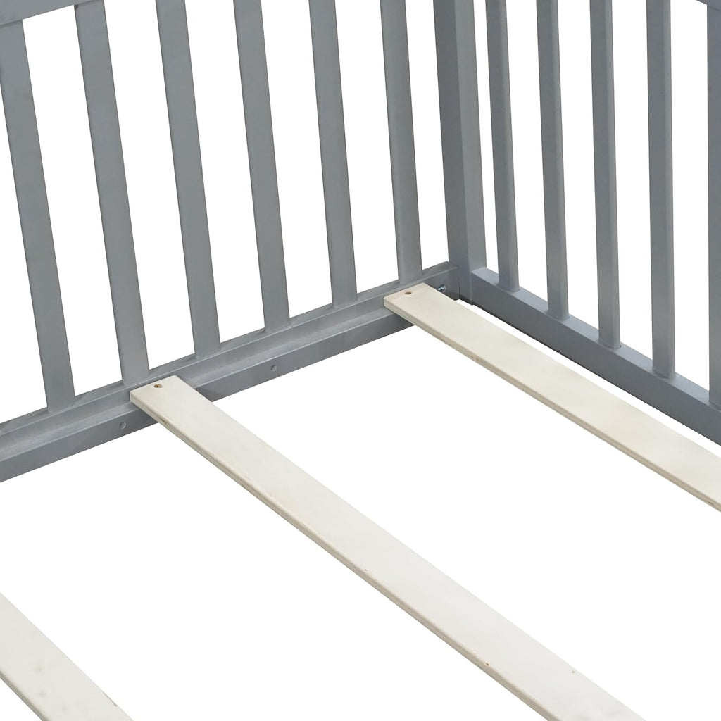 Montessori Floor Bed with Slats, High Guardrails & Door, Gray