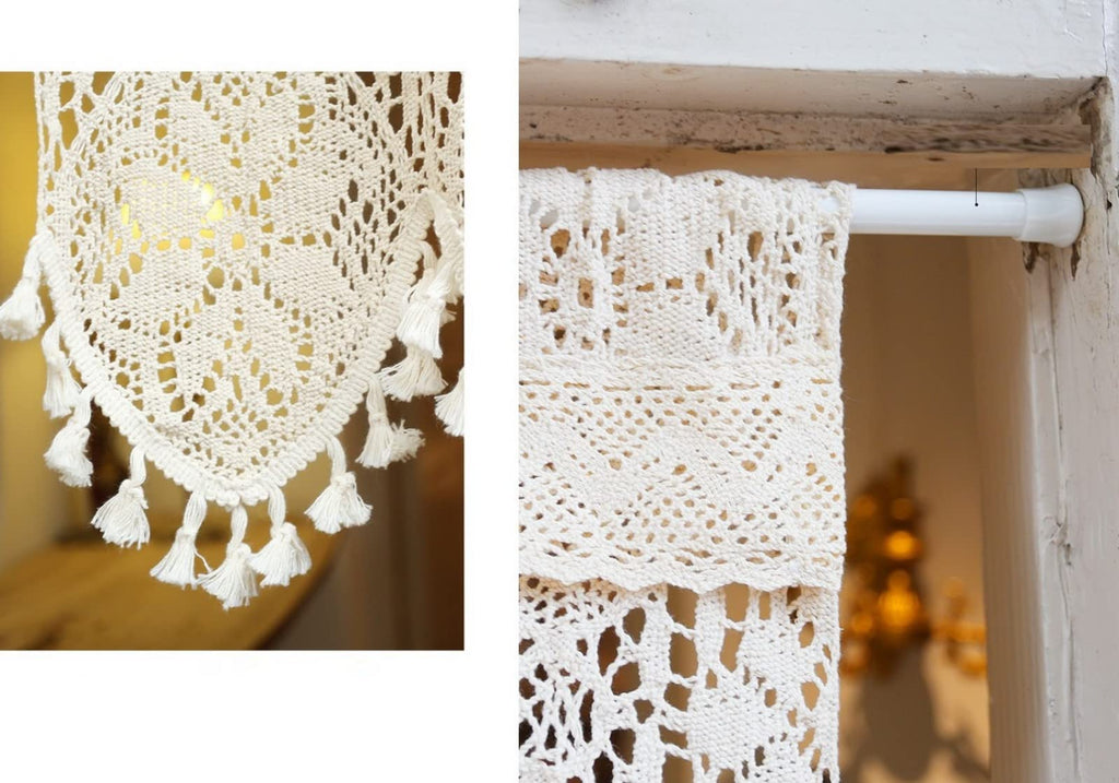 Short Curtain for Small Window Sheer Transparent Beige Cotton Hollow Crochet Lace Chic Bohemian Valance Panel Drapes