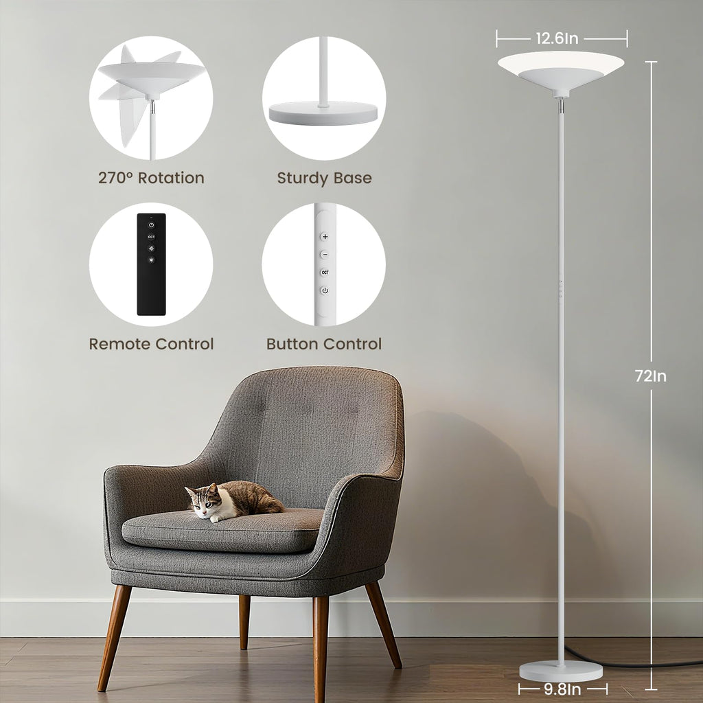 White Torchiere Floor Lamp - 30W Dimmable LED Standing Lamp with Remote/Button Control, 1800Lm - 72in