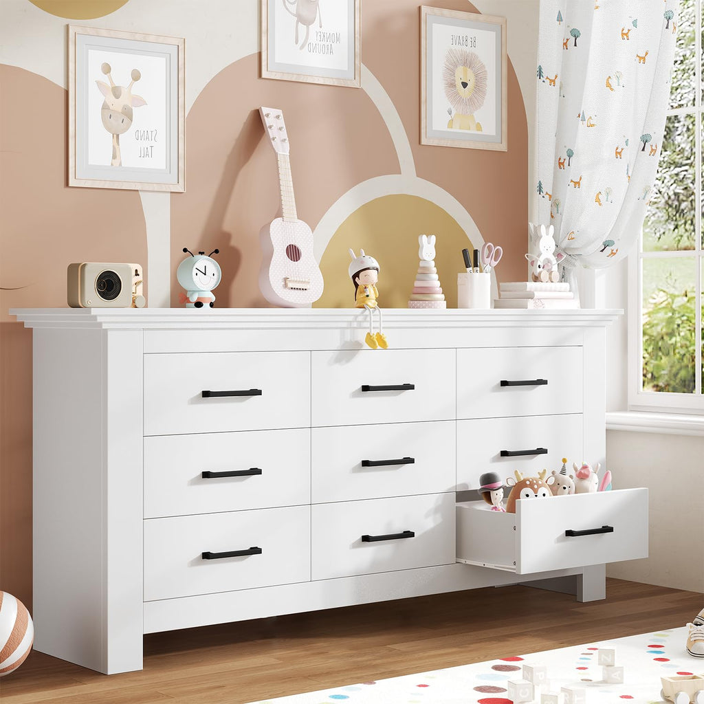 9 Drawer, Wood Chests of Drawers with Metal Handle, Triple Wide Dressers, Vintage Design Storage Chest Cabinet and