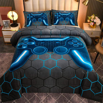 Game Console Comforter Set for Boys Girls Kids 3D Gaming Geometric Lightweight Microfiber Bedding Sets (Blue, )