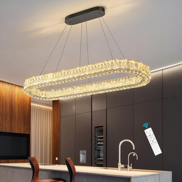 Modern Oval Crystal Chandelier Dimmable LED Chandeliers Rectangular Pendant Light Fixture with Remote Kitchen Island