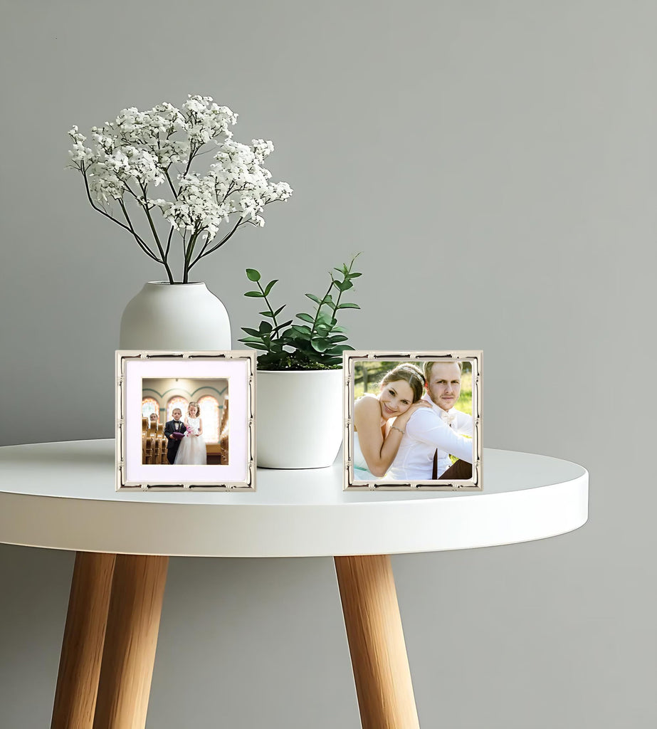 4x4'' Silver Bamboo Metal Picture Frame with 3x3'' Mat Set of 2, 3x3'' Narrow Elegant Silver Plated Metal Picture